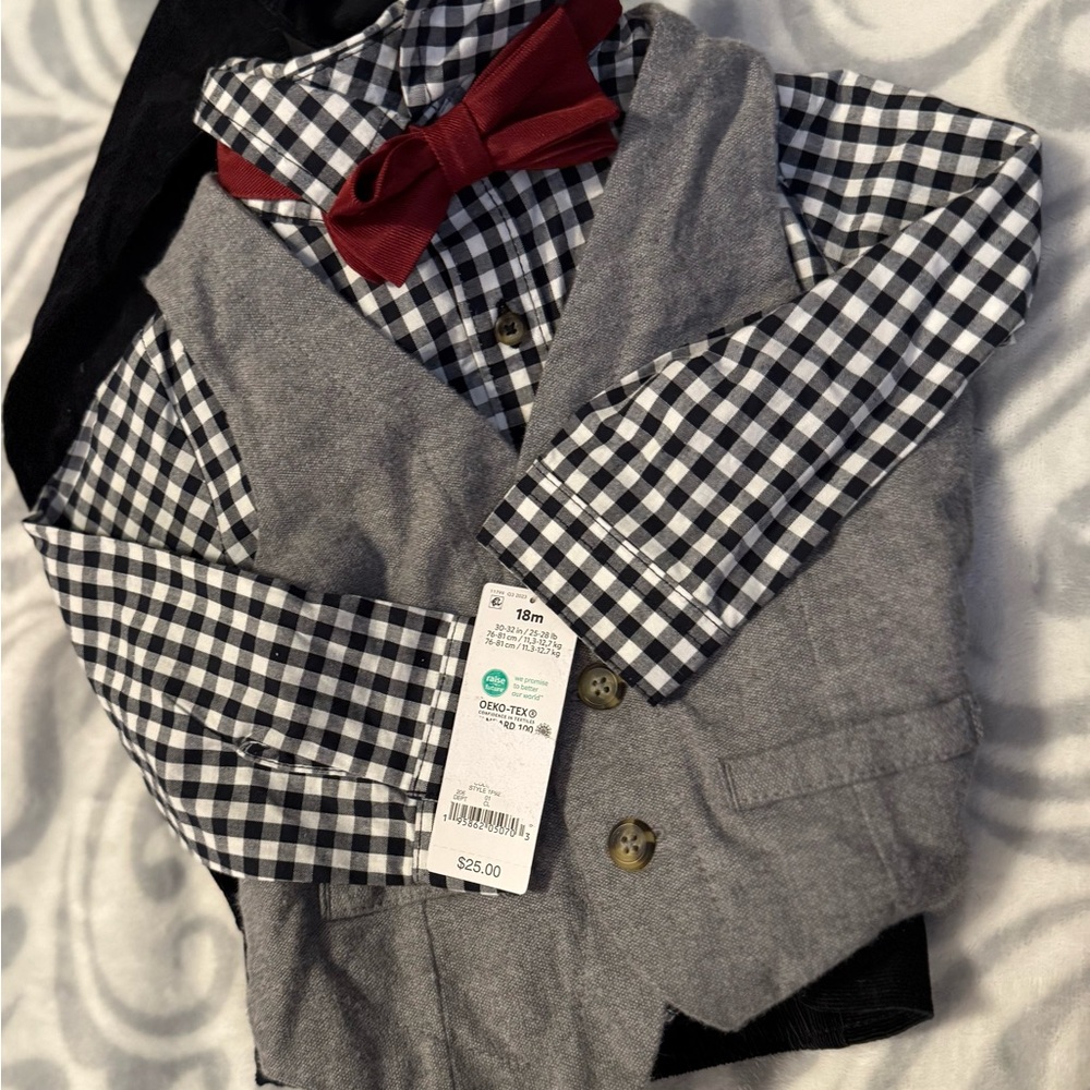 Carter's Toddler Black & White Gingham Shirt with Gray Vest and Red Bow Tie